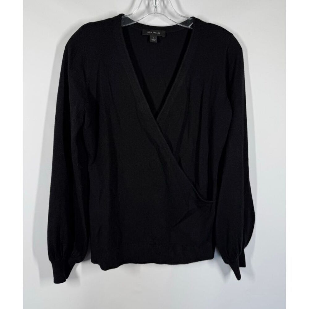 003 --- Ann Taylor Black Dance Wrap Sweater Cuffed Balloon Long Sleeve Size Smal